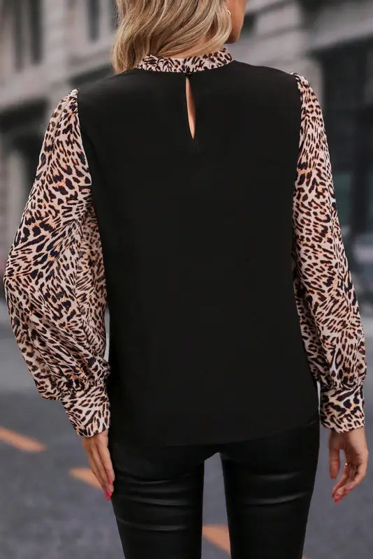 Black contrast leopard print lantern sleeve blouse - tops