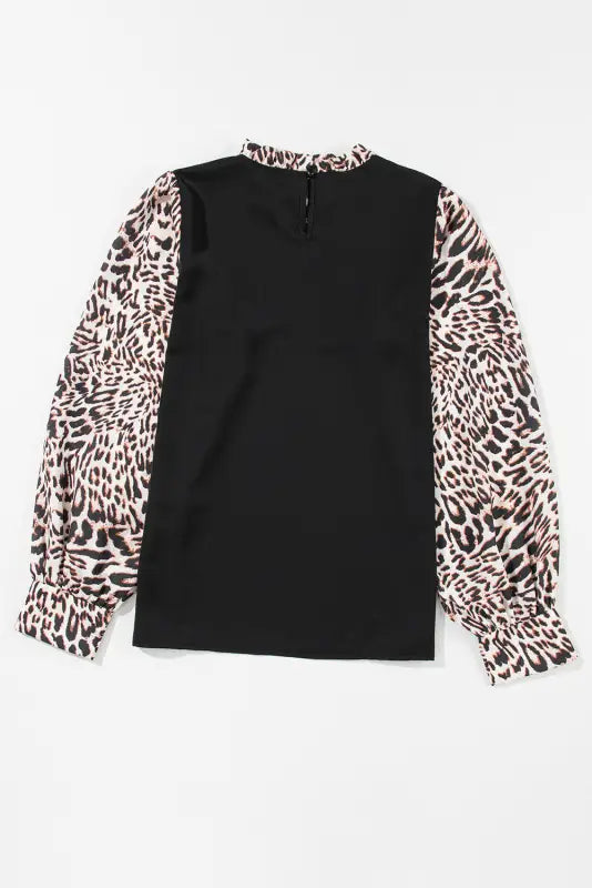 Black contrast leopard print lantern sleeve blouse - tops