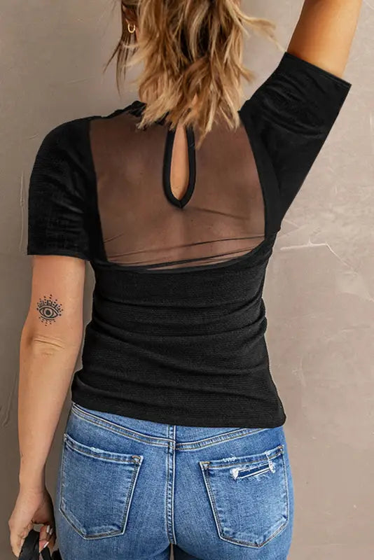 Black contrast mesh knit short sleeve t-shirt - tops