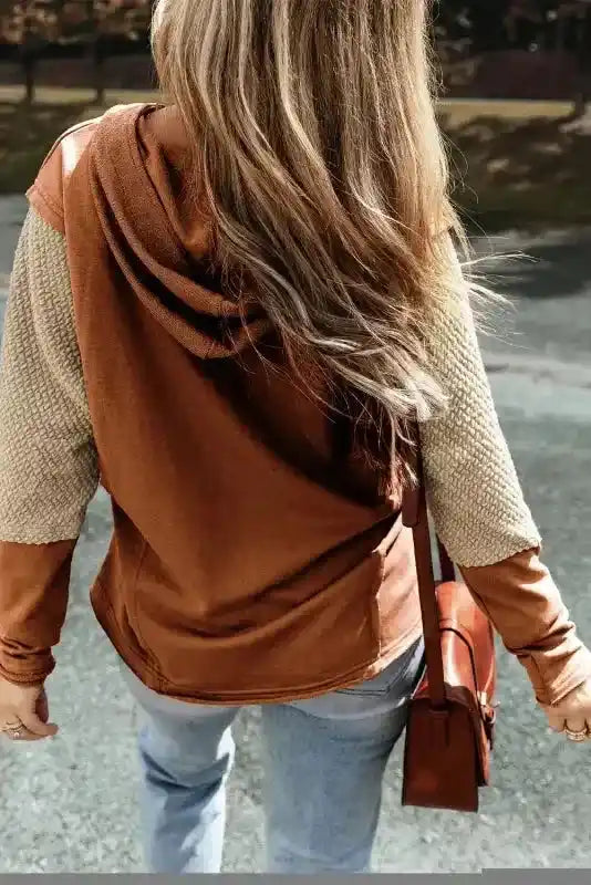 Back view of brown Contrast Patchwork Hoodie with beige sleeves, casual and comfortable for daily wear.