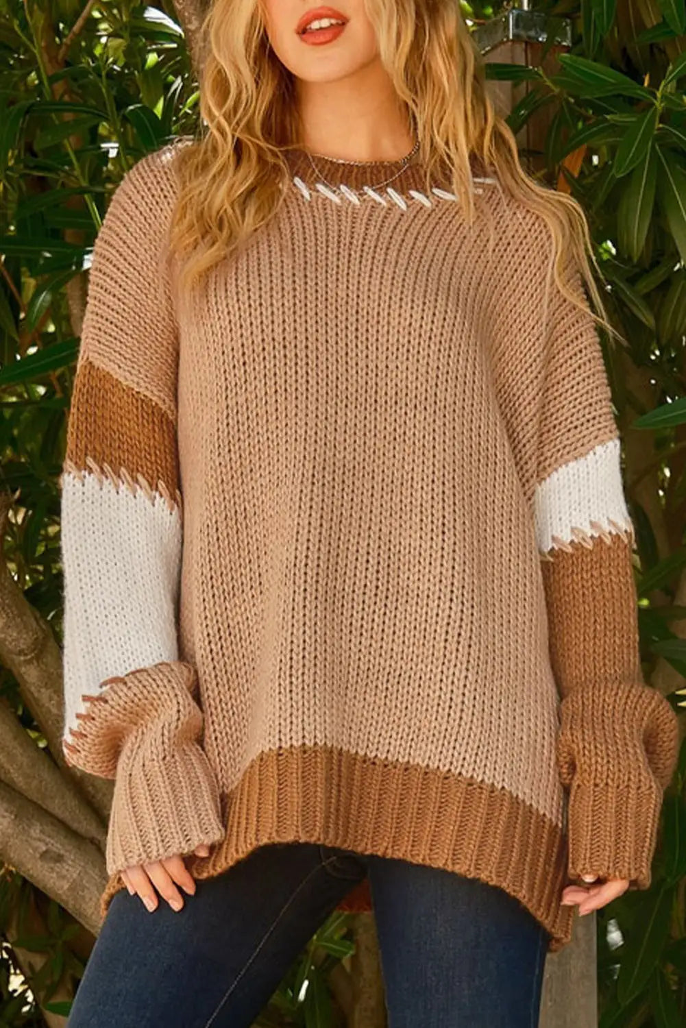 Contrast stitch oversized sweater - light french beige / l / 100% acrylic - sweaters & cardigans