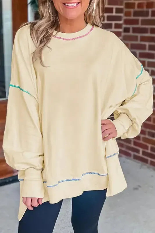 Contrast Stitching Split Baggy Sweatshirt - Fashionfitz