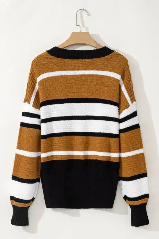 Contrast Stripes V-Neck Textured Knit Sweater - Fashionfitz