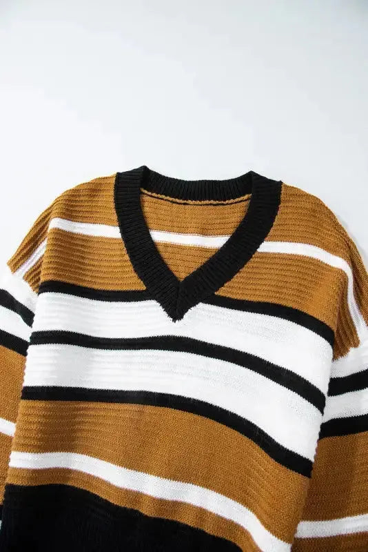 Contrast Stripes V-Neck Textured Knit Sweater - Fashionfitz