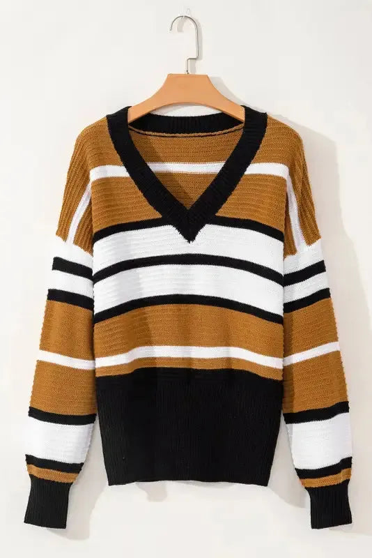 Contrast Stripes V-Neck Textured Knit Sweater - Fashionfitz