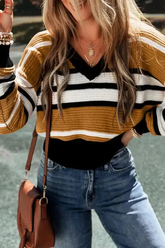 Contrast Stripes V-Neck Textured Knit Sweater - Fashionfitz