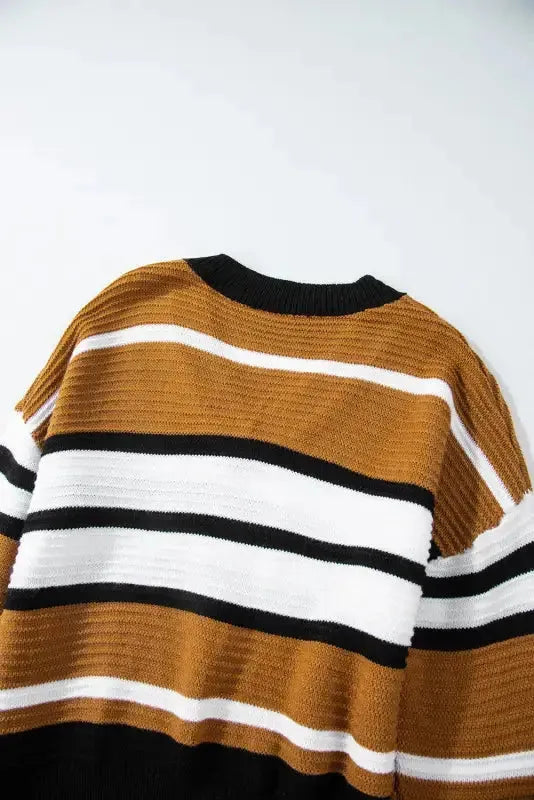 Contrast Stripes V-Neck Textured Knit Sweater - Fashionfitz