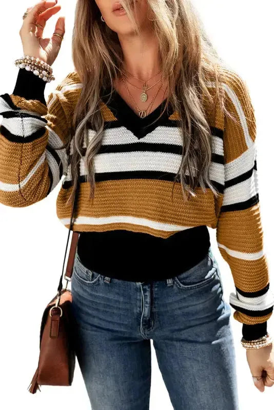 Contrast Stripes V-Neck Textured Knit Sweater - Fashionfitz