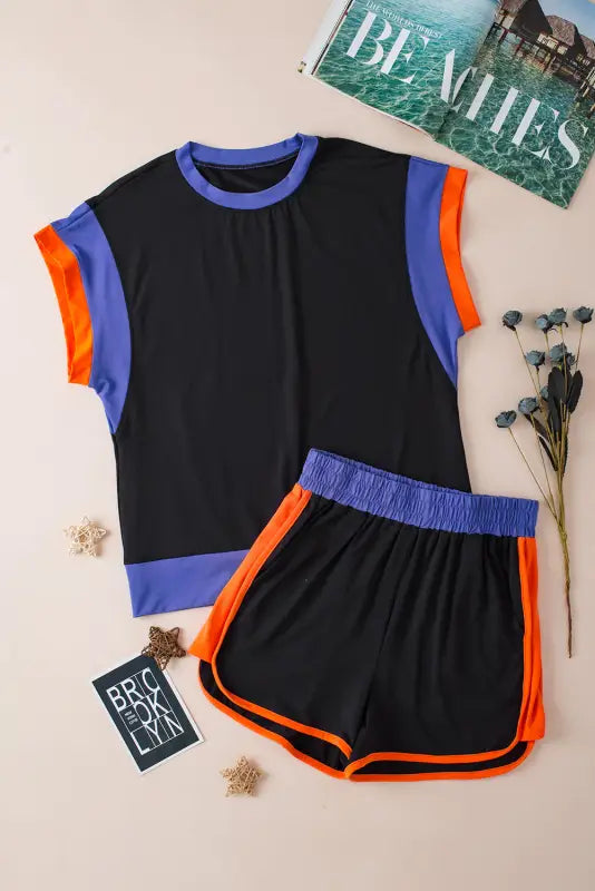 Black contrast trim cap sleeve tee shorts set