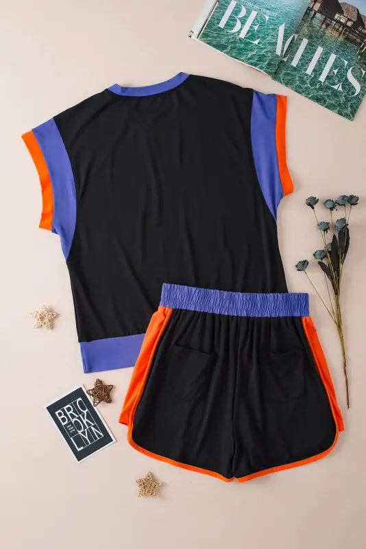 Black contrast trim cap sleeve tee shorts set