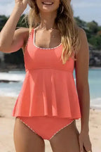 Contrast Trim Ruffled Top Tankini Swimsuit - Fashionfitz