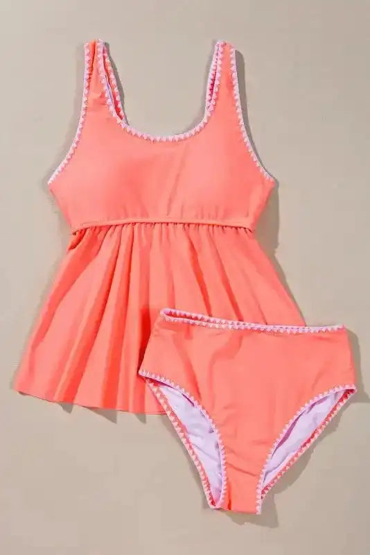 Contrast Trim Ruffled Top Tankini Swimsuit - Fashionfitz