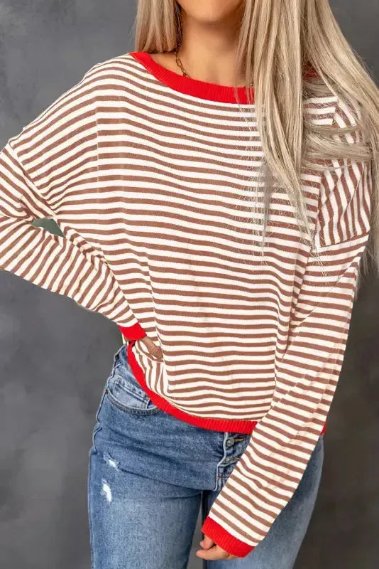 Contrast Trim Striped Baggy Sweater - Fashionfitz