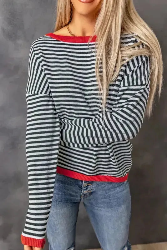Contrast Trim Striped Baggy Sweater - Fashionfitz
