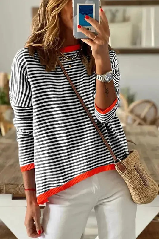 Contrast Trim Striped Baggy Sweater - Fashionfitz