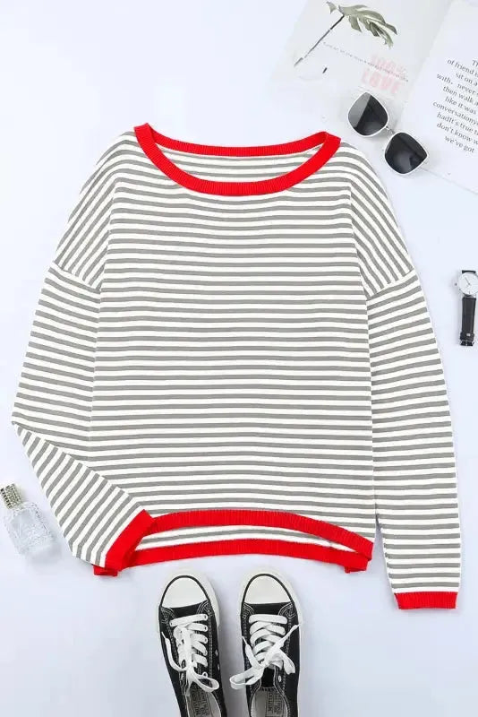 Contrast Trim Striped Baggy Sweater - Fashionfitz