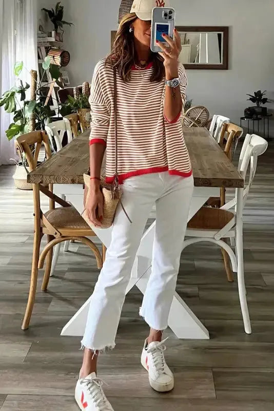 Contrast Trim Striped Baggy Sweater - Fashionfitz