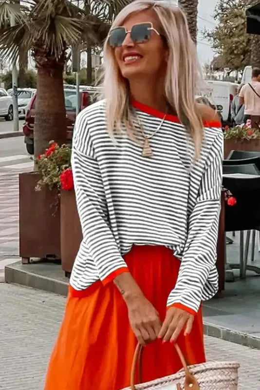 Contrast Trim Striped Baggy Sweater - Fashionfitz