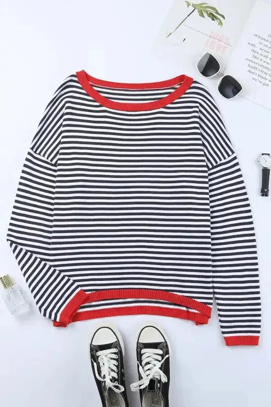 Contrast Trim Striped Baggy Sweater - Fashionfitz