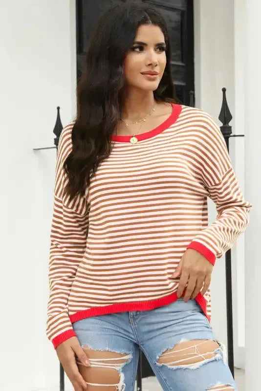 Contrast Trim Striped Baggy Sweater - Fashionfitz