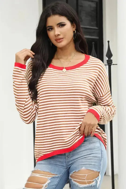 Contrast Trim Striped Baggy Sweater - Fashionfitz