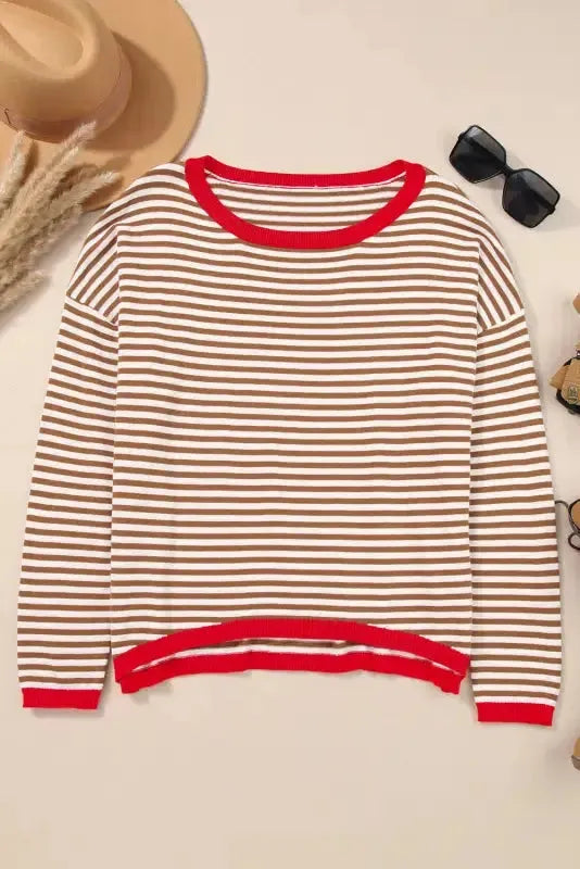 Contrast Trim Striped Baggy Sweater - Fashionfitz