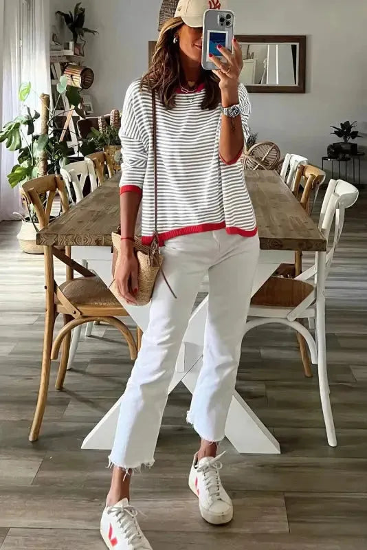 Contrast Trim Striped Baggy Sweater - Fashionfitz