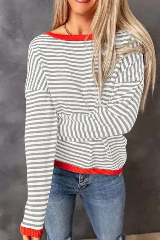 Contrast Trim Striped Baggy Sweater - Fashionfitz