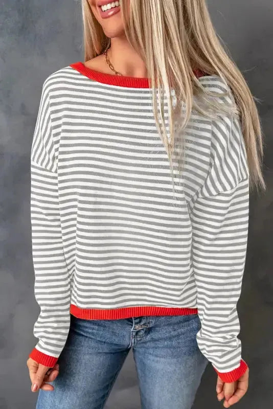Contrast Trim Striped Baggy Sweater - Fashionfitz
