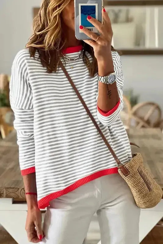 Contrast Trim Striped Baggy Sweater - Fashionfitz
