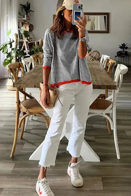 Contrast Trim Striped Baggy Sweater - Fashionfitz