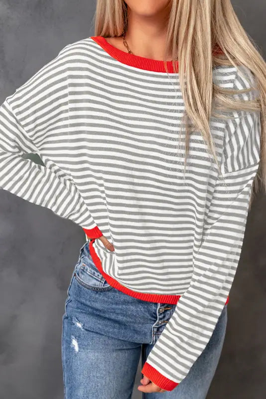 Contrast trim striped baggy sweater - gray / s / 100% cotton - sweaters