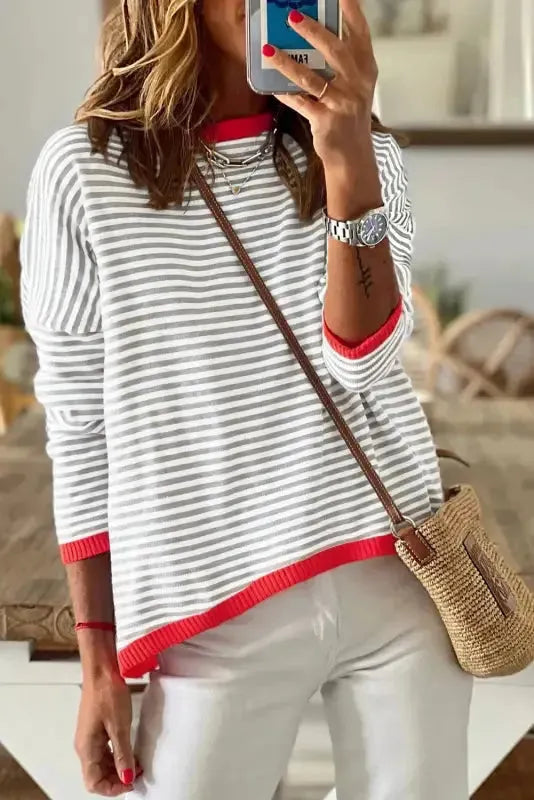 Contrast Trim Striped Baggy Sweater - Fashionfitz