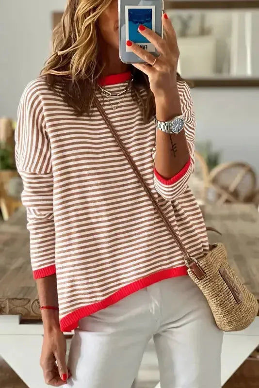 Contrast Trim Striped Baggy Sweater - Fashionfitz