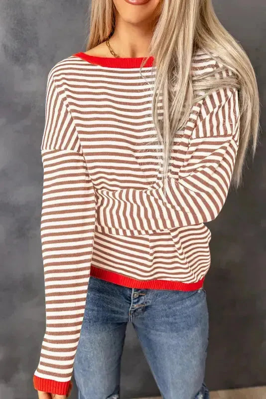 Contrast Trim Striped Baggy Sweater - Fashionfitz
