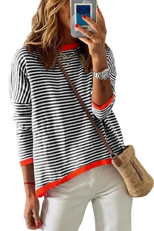 Contrast Trim Striped Baggy Sweater - Fashionfitz