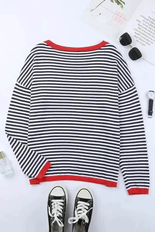 Contrast Trim Striped Baggy Sweater - Fashionfitz