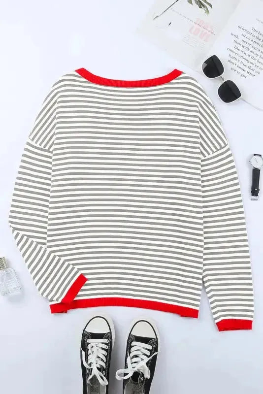 Contrast Trim Striped Baggy Sweater - Fashionfitz