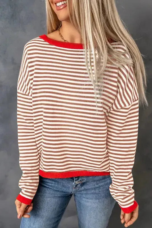 Contrast Trim Striped Baggy Sweater - Fashionfitz