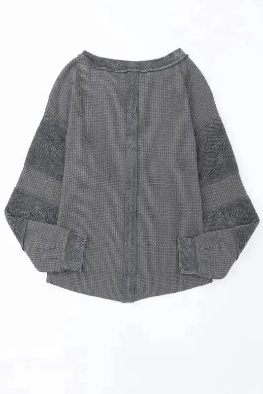 Contrast Waffle Knit Henley Top - Fashionfitz