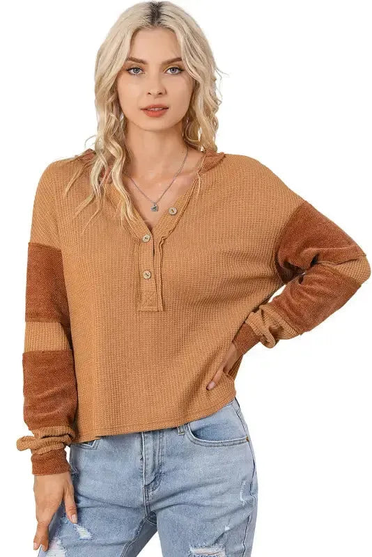 Contrast Waffle Knit Henley Top - Fashionfitz