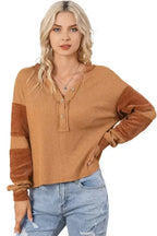 Contrast Waffle Knit Henley Top - Fashionfitz