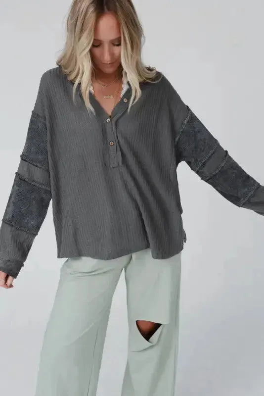 Contrast Waffle Knit Henley Top - Fashionfitz