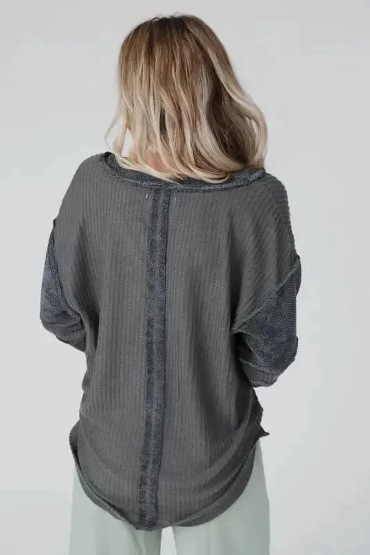 Contrast Waffle Knit Henley Top - Fashionfitz