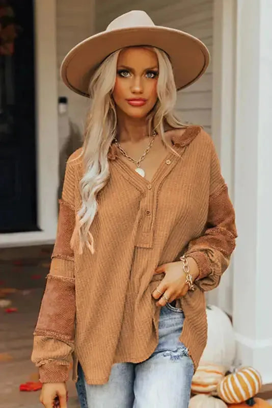 Contrast Waffle Knit Henley Top - Fashionfitz