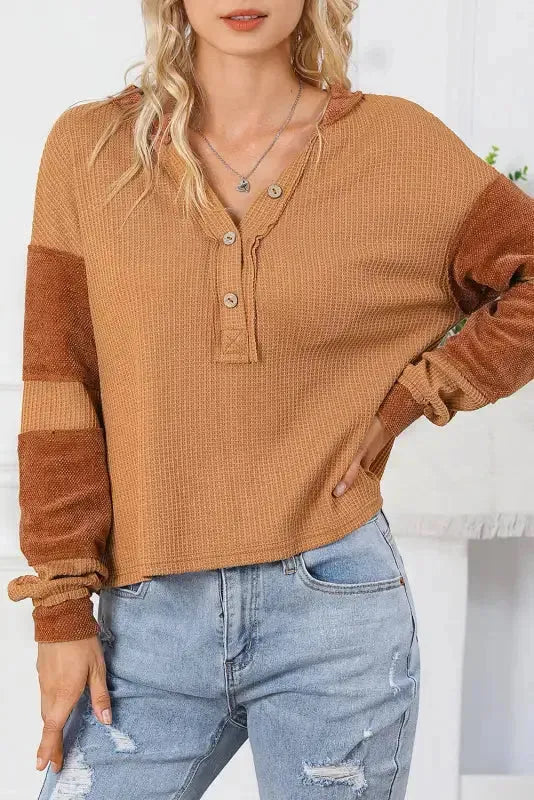 Contrast Waffle Knit Henley Top - Fashionfitz