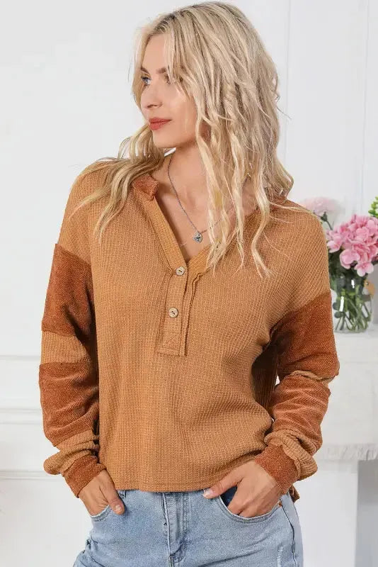 Contrast Waffle Knit Henley Top - Fashionfitz
