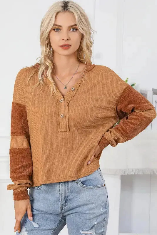 Contrast Waffle Knit Henley Top - Fashionfitz