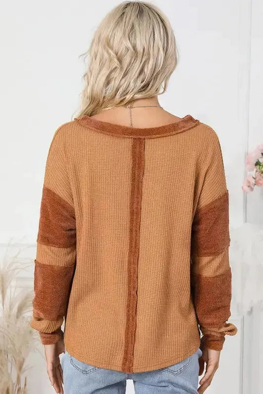 Contrast Waffle Knit Henley Top - Fashionfitz