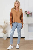 Contrast Waffle Knit Henley Top - Fashionfitz